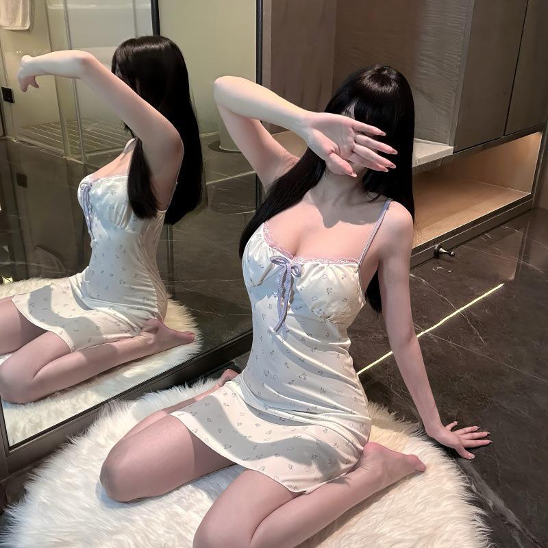 Plus Size Floral Fairy-Style Cherry Print Camisole Dress Pajamas for Women - Fresh Summer Homewear