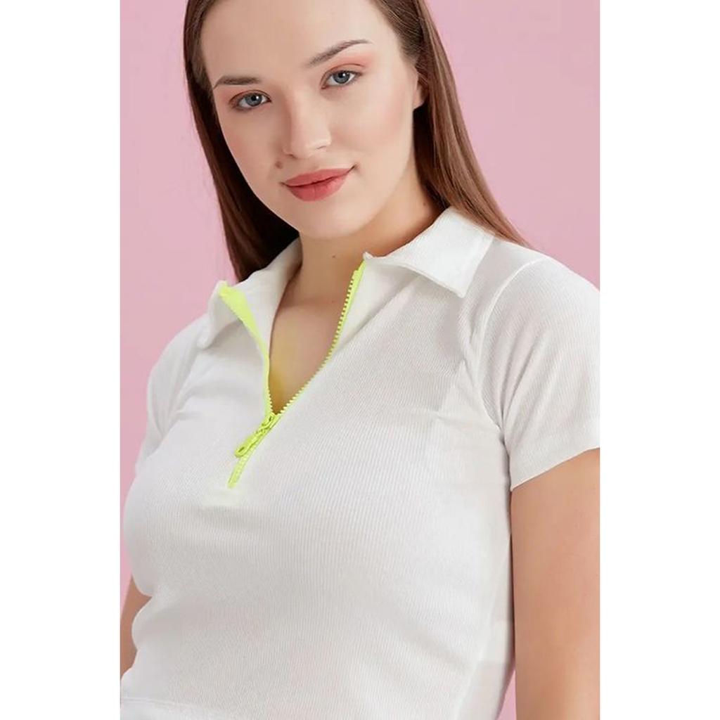 Polo Collar Neon Zipper Camisole Blouse