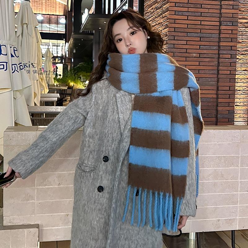 Blue Striped Scarf Women's Winter High-end Shawl Thickened Warm Wool Scarf