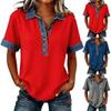 Denim Patchwork Shirts For Women Stand Collar Casual Blouse Short Sleeve Comfy Tshirt Spring Summer Fashion