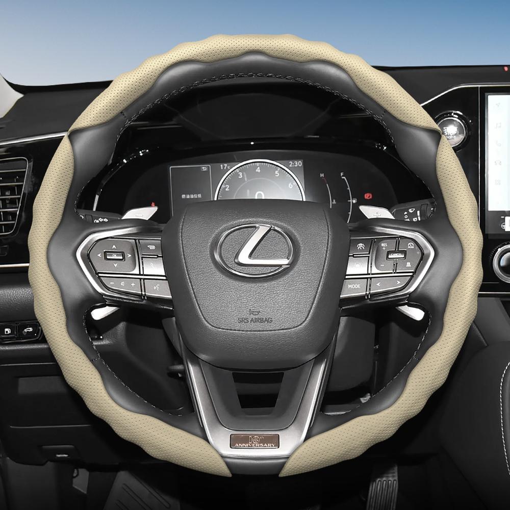 Steering Wheel Cover for Lexus, Wave-Shaped Sporty Design, Breathable Leather, Segmented, Non-Slip, Sweat-Absorbing Protective Cover, Rx Nx E