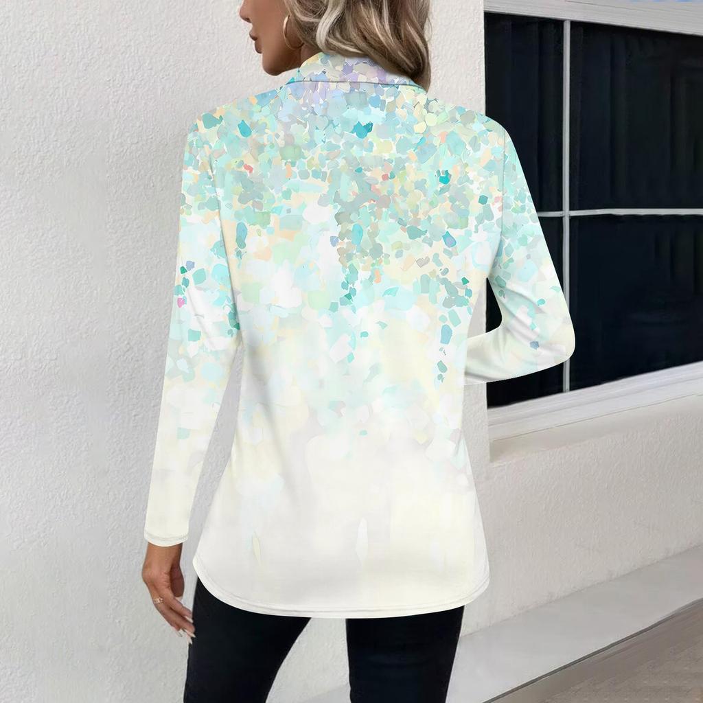 Women's Fashion Casual Lapel Short Long Sleeve Print Shirt Women's V-Neck Tops