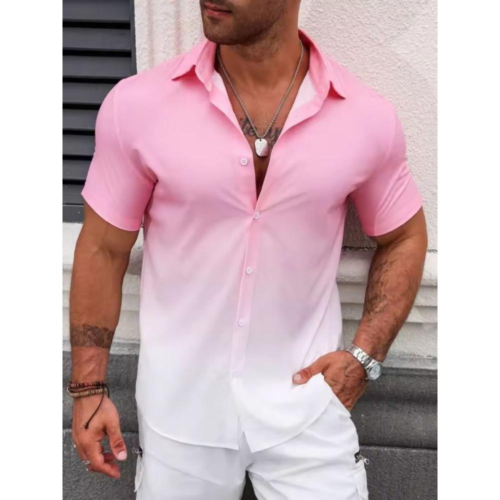 

Casual Daily Summer Beach Solid Color Fashion Casual Men s Short Sleeve Daily Shirt Button Up Shirt Comfortable 3XL рожевий