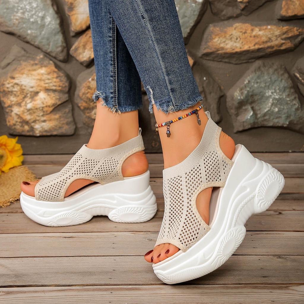 Sweat Sandals Women'S New Platform Open Toe Mesh Shoes Fashionable And Casual Hollow Out Wedge Shoe For Woman Wedge Sandal