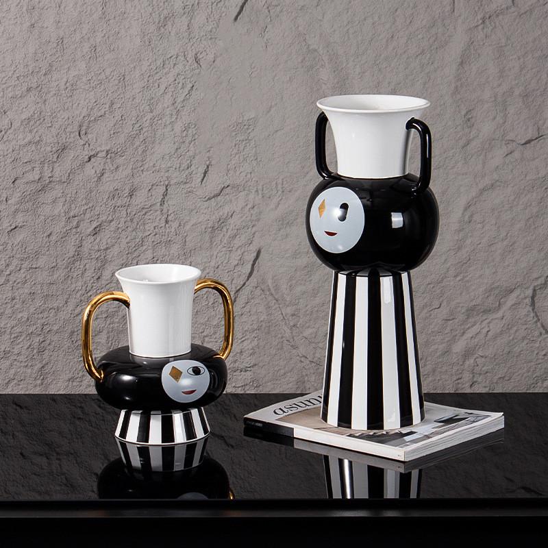 Advanced Striped Dual Ear Ceramic Vase, Cartoon Clown Face Vase, Living Room Flower Arrangement, Room Aesthetic Decoration