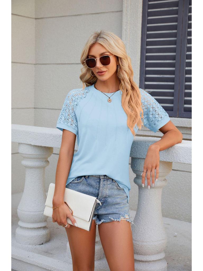 2024 Women's Solid Color Lace Splice Round Neck Short-Sleeve T-Shirt
