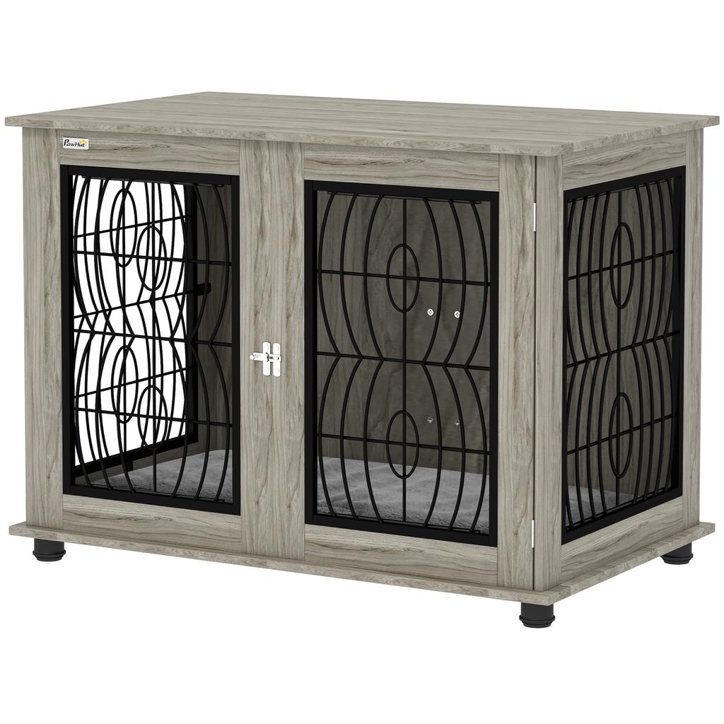 Indoor Dog Crate Furniture End Table with Soft Washable Cushion, Lockable Front Door, for Large Dogs - Grey