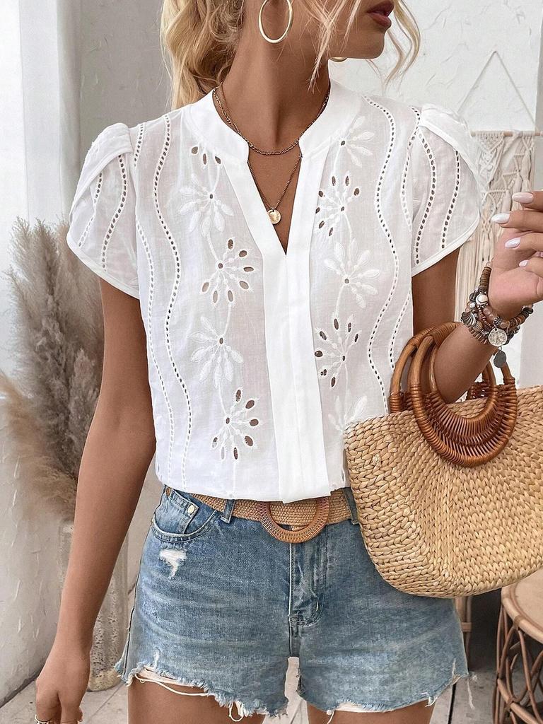 Wind New Women's Outward Bound Clothing Hollow Lace V-Neck Cardigan Short Sleeve Shirt for Women