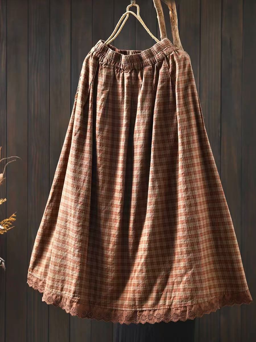 

Johnature Women Plaid Skirts Elastic Waist Patchwork Lace Summer Female Casual Soft Skirts M кавовий