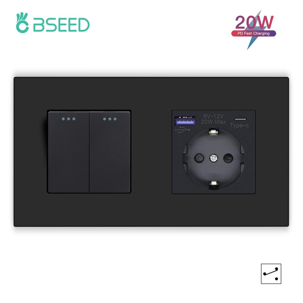 BSEED 1/2/3Gang Mechanical Button Switches 2Way For Stairs Plus EU Sockets USB Type-c Power Ports Matte Plastic Frames Black