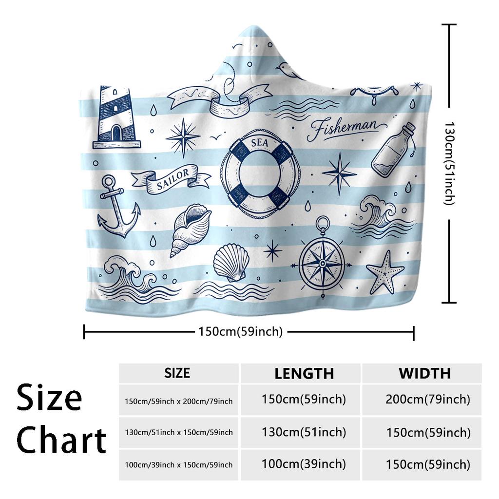 1pc Sailing Ship Anchor Printed Flannel Hoodie Wearable Cloak Blanket Soft Warm Multi Size Casual Blanket Machine Washable