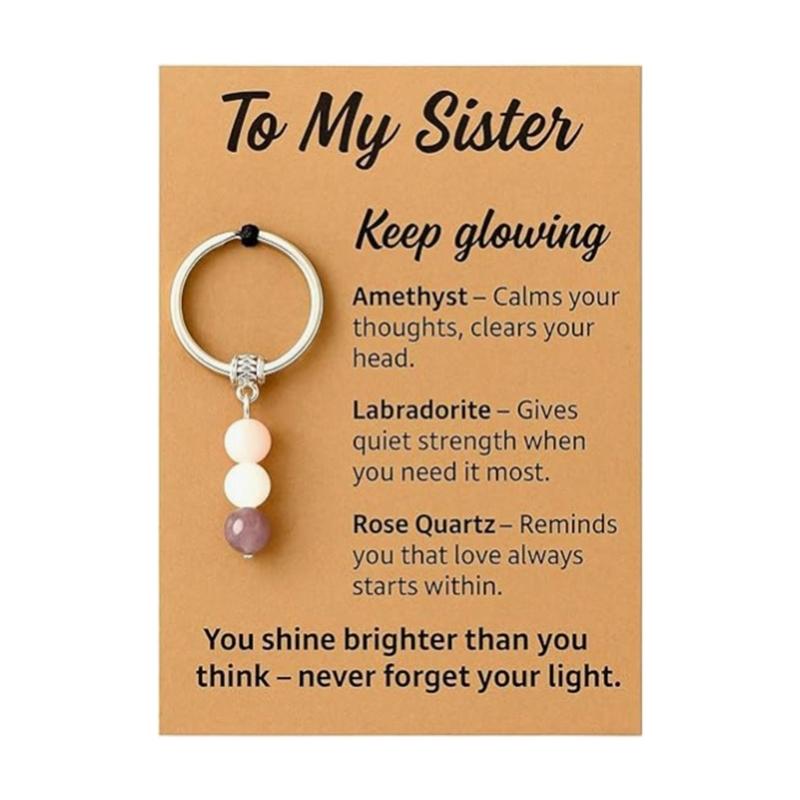 Sister Birthday Gift Set Agate Stone Keychain With Sentimental Message Card and Beaded Bracelet for Women