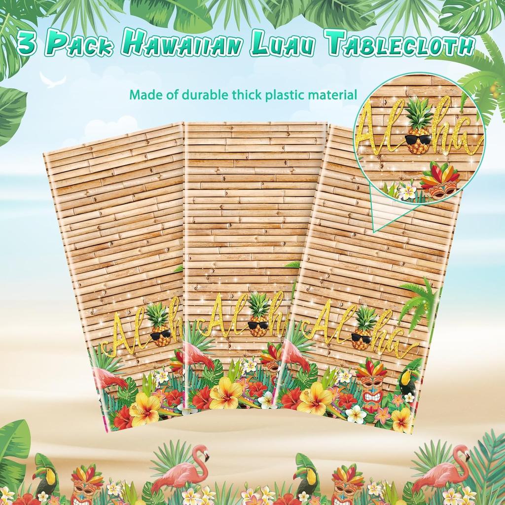 3Pcs Hawaiian Luau Tablecloth Tiki Party Tablecloths Tropical Table Cloth Plastic Disposable Rectangle Table Covers for Tiki Bar Tropical Summer