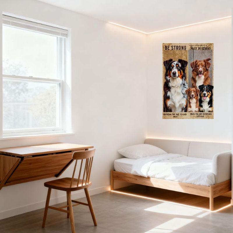 Motivational Vintage Dog Metal Tin Sign, 'BE STRONG' & Inspirational Quotes with 4 Dogs, Earthy Tone Retro Plaque for Home Man C