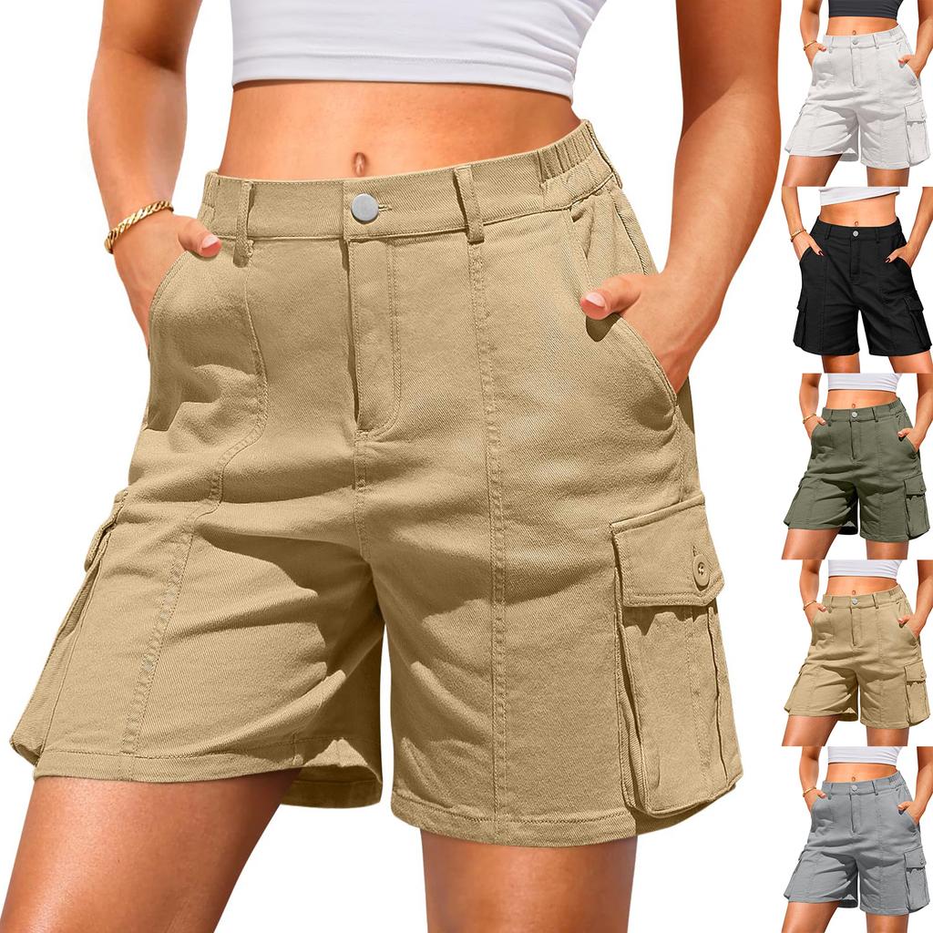 Women's Casual Solid Color Summer Shorts with Pockets Comfortable Fit Mid Rise Loose Leg Cargo Style