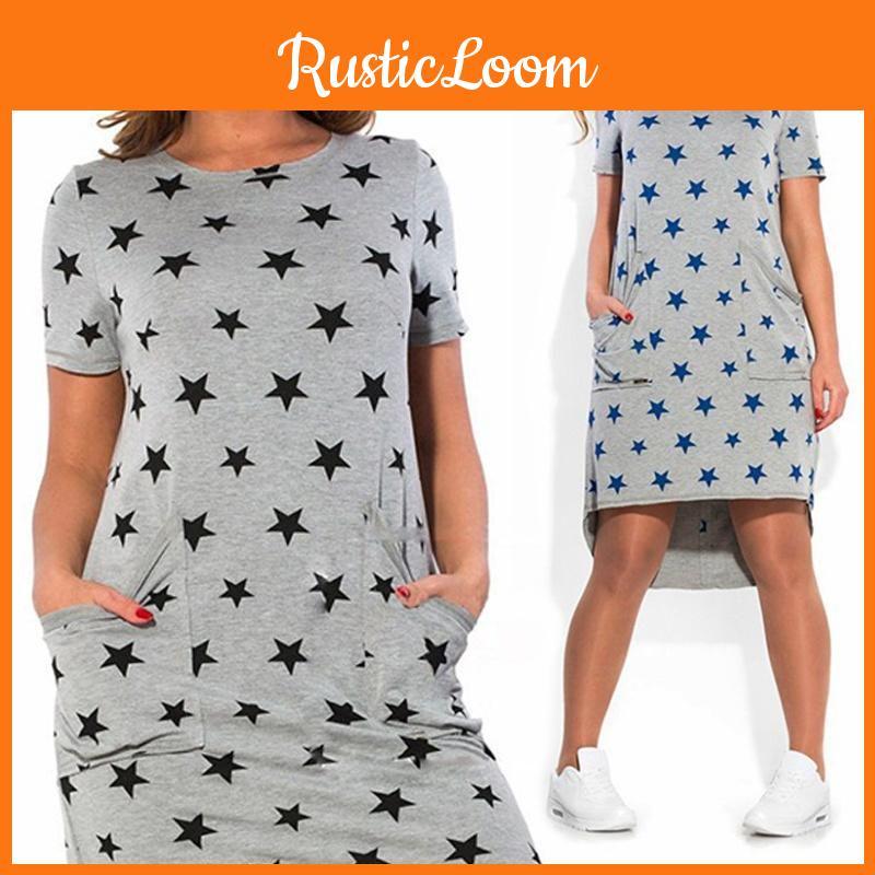 Summer Women Stars Printed Clothing Loose Fit Knee-length Casual Dress In Cotton Blend