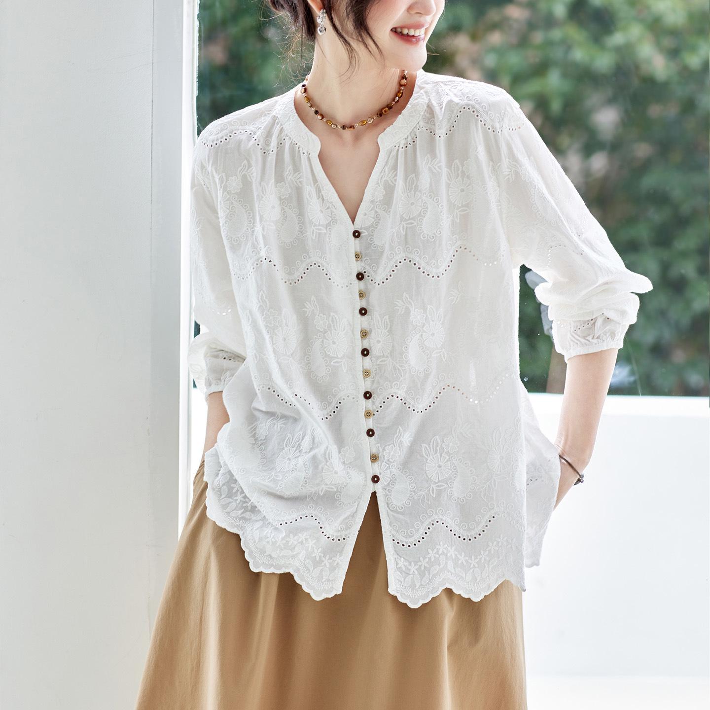 Women s V-Neck White Long Sleeve Shirt - Spring 2026 New Arrival, Embroidered Cotton, Chinese National Style One Size белый