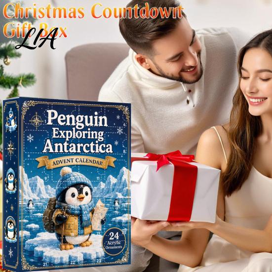 24 Day Countdown Box Antarctic Penguin Advent Calendar, 24-Day Winter with Cute Christmas Gift for Children Explorer Ornaments, 2D Acrylic