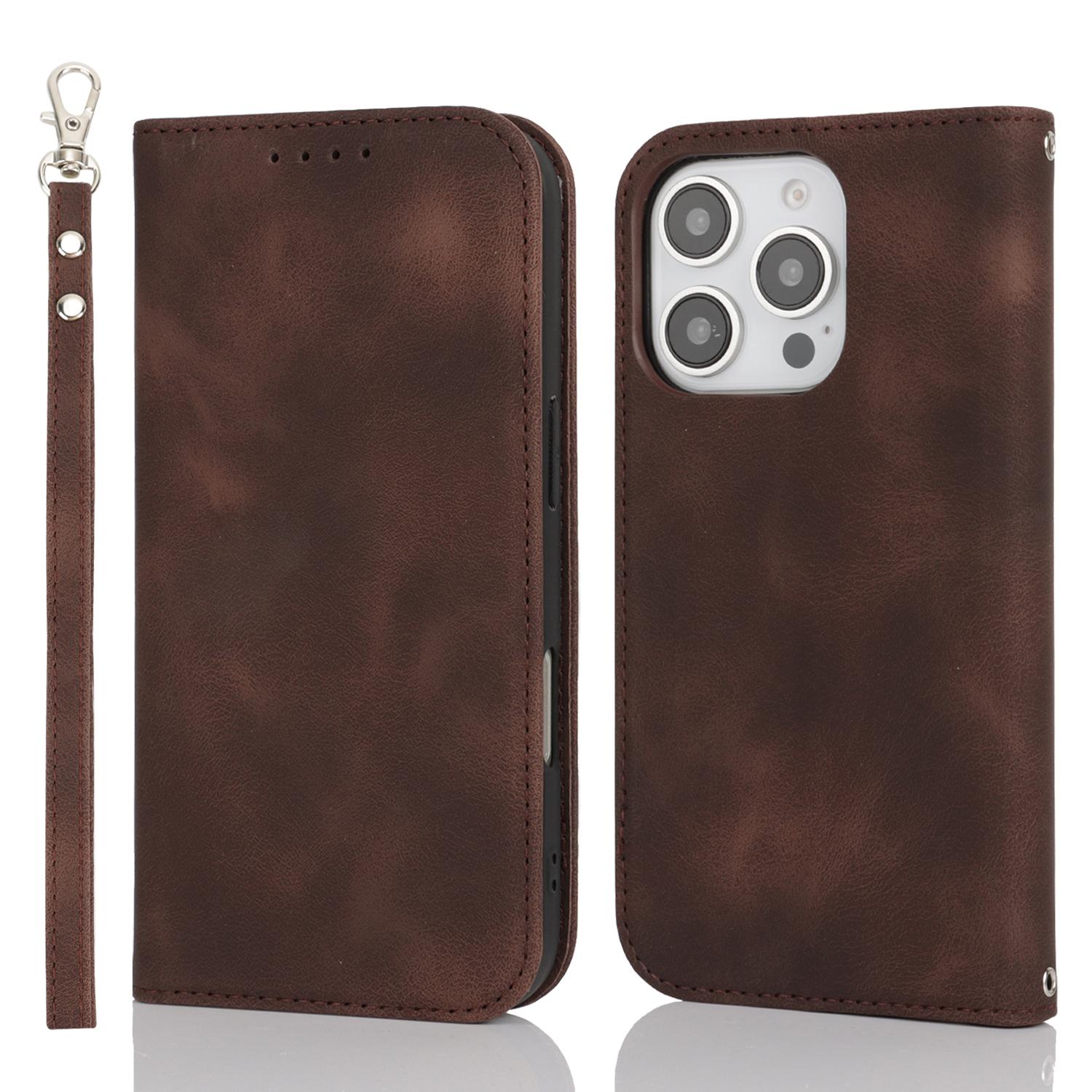 

For iPhone 16 Pro Stand Case Magnetic Closure Skin Touch Leather Flip Phone Cover with Wallet B