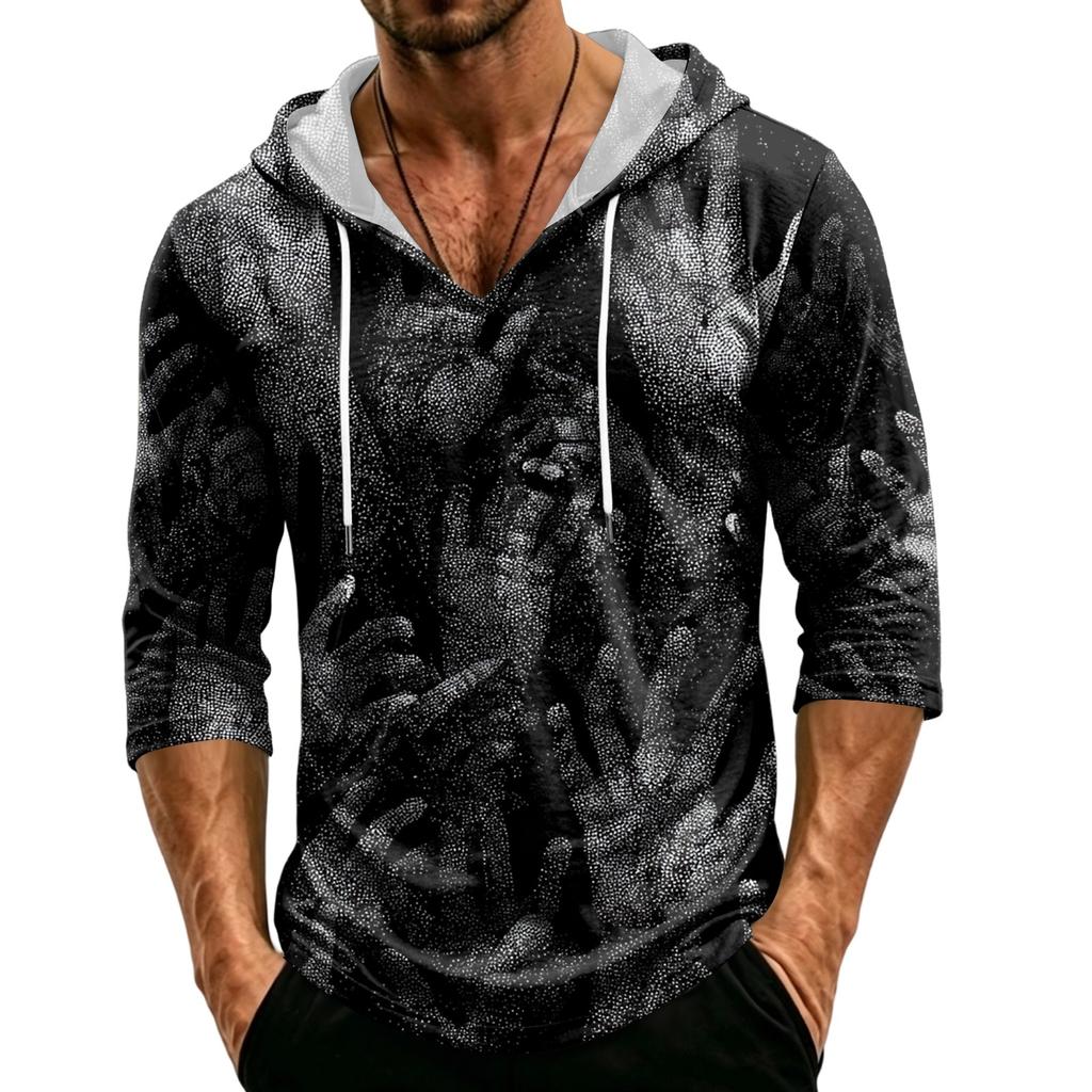 Pullover con cappuccio a maniche a tre quarti, vestibilità larga, stampa di Halloween da uomo