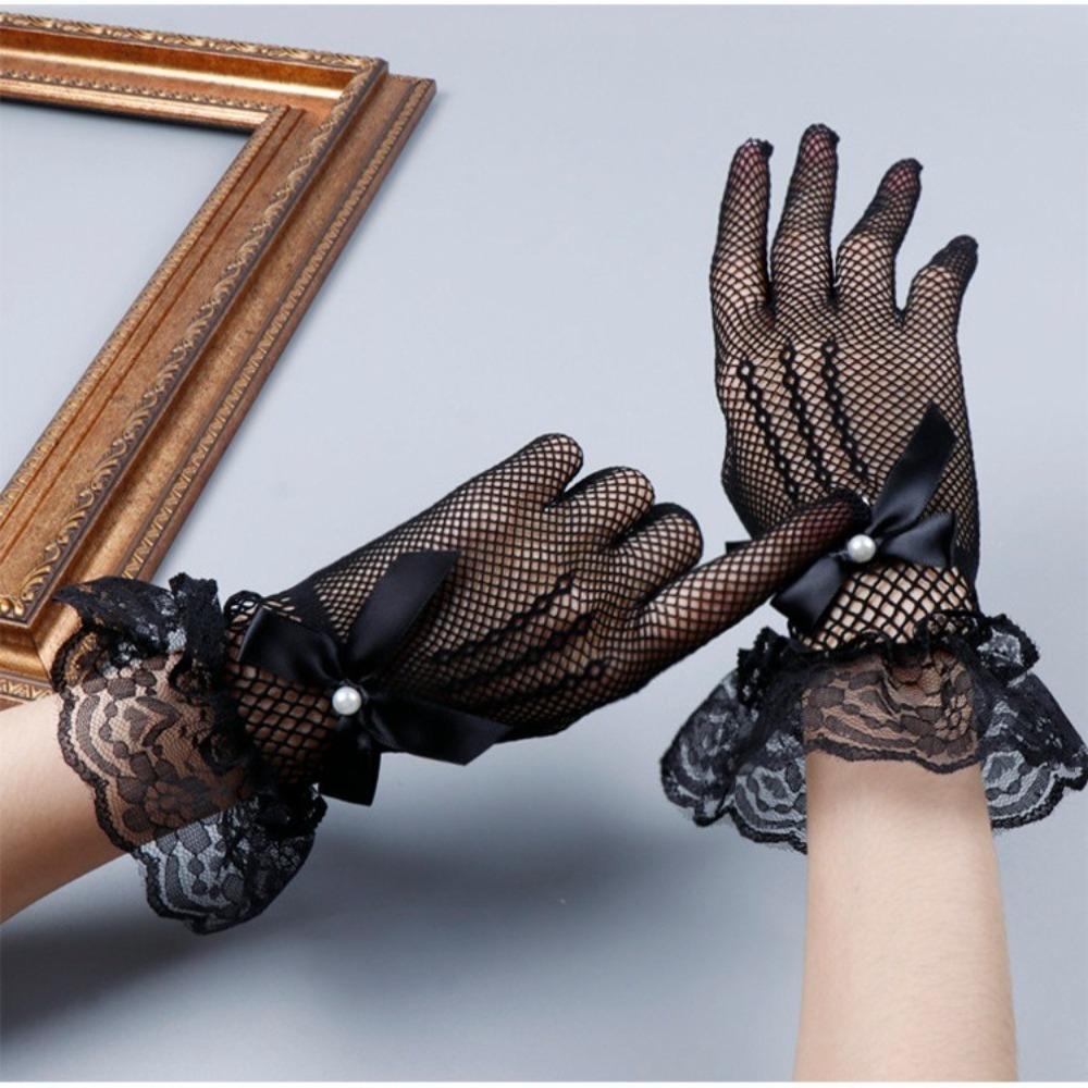 

1 пара перчаток-сеточек с пятью пальцами и кружевом, перчатки с вырезами и кружевом, перчатки невесты Лолиты, Свадьба чёрный