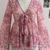 Brown Floral Print Deep V-Neck Long Sleeve Blouse with Bow and Ruffle Hem