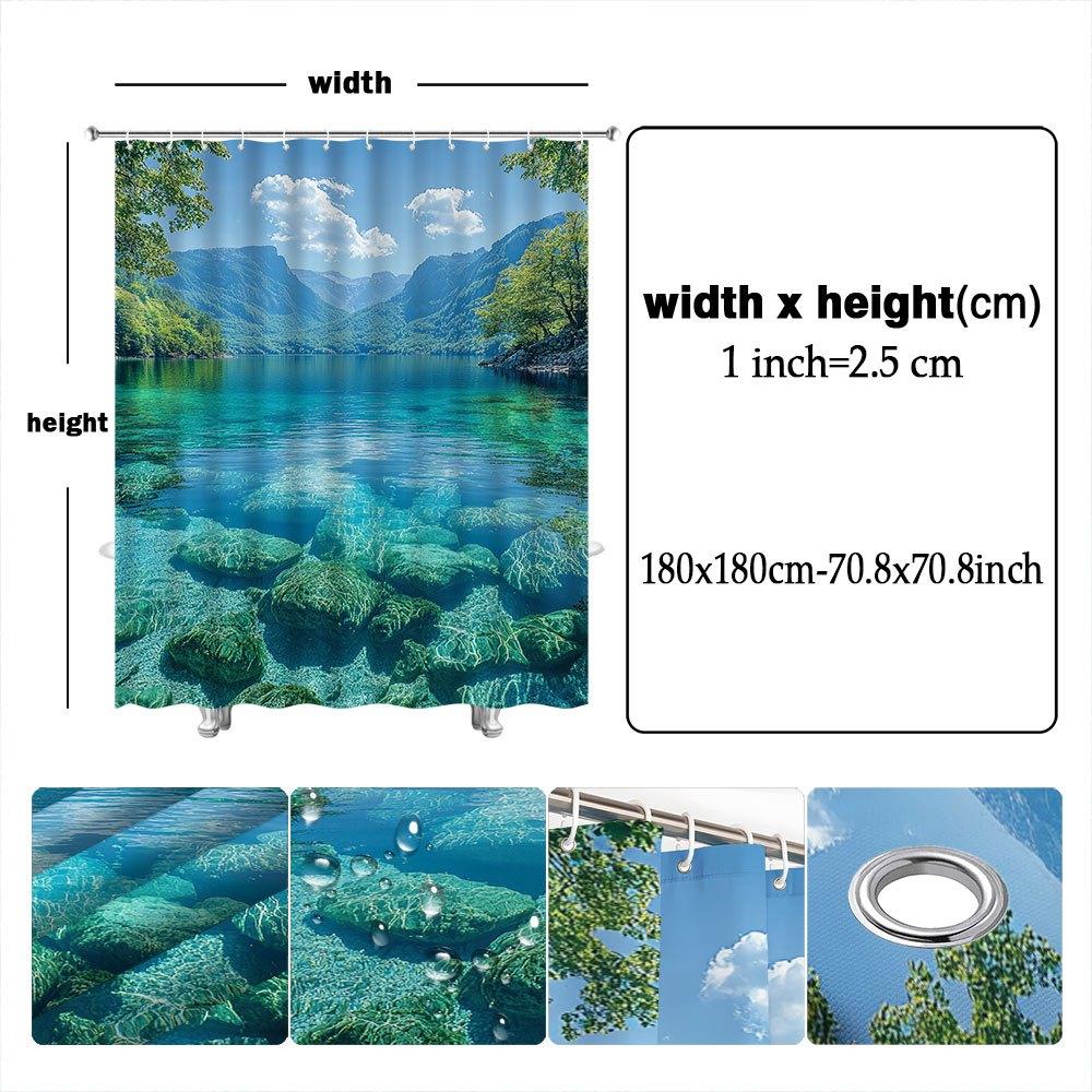 Polyester Shower Curtain - Serene Mountain Lake, Lush Greenery Design, 70x70", Machine Washable,  Nature-Inspired Bath Decor