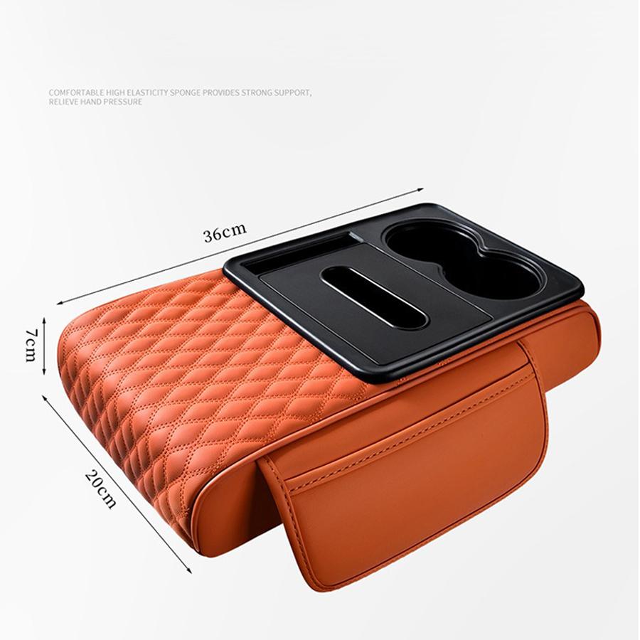 Hochwertiges Armlehnenpolster für die Mittelkonsole im Auto, mit Taschentuchbox und 2 Getränkehaltern, PU-Leder-Armlehnenbox-Pad, tragbares Armlehnenkissen für das Auto