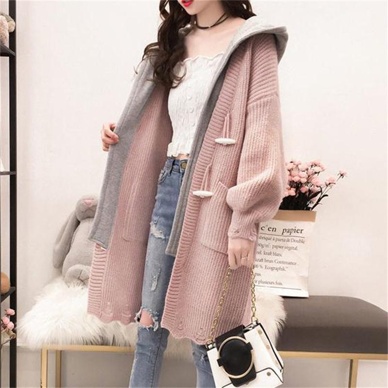 Autumn and Winter Women's Sweater Jacket Female Mid-length Colorblocking Hooded False Two-piece Knitted Cardigan Female Comfortable Versatile