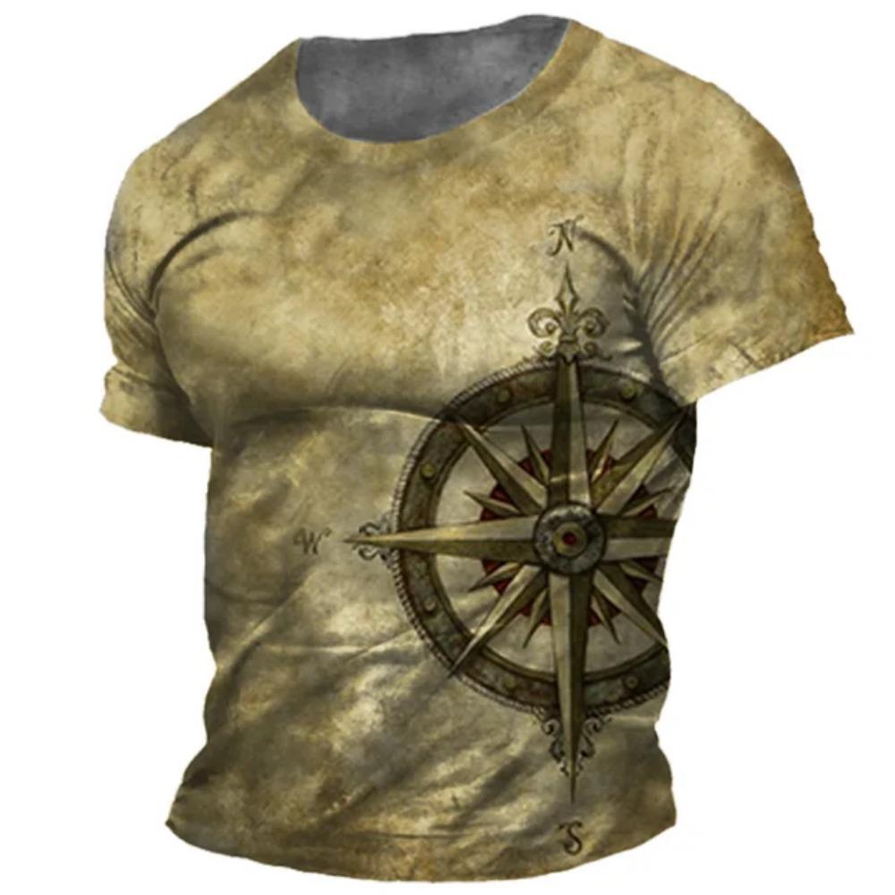 Retro Men's T-shirt, American Summer T-shirt, Compass Printed Short Sleeved T-shirt, Loose Men's Daily Clothing, Casual Streetwear