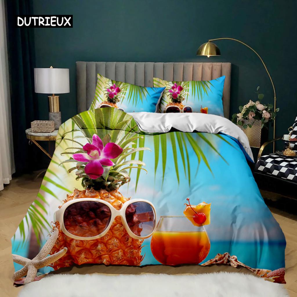 Sada povlečení na přikrývku s ananasem Bílá souprava povlečení na dvě postele Dospělí Žlutá Abstraktní Tropické ovoce Ananas Polyesterová přikrývka