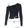 Solid Color One Shoulder Cropped Long Sleeve Hollow Out Metal Button Sexy Casual Women T Shirt
