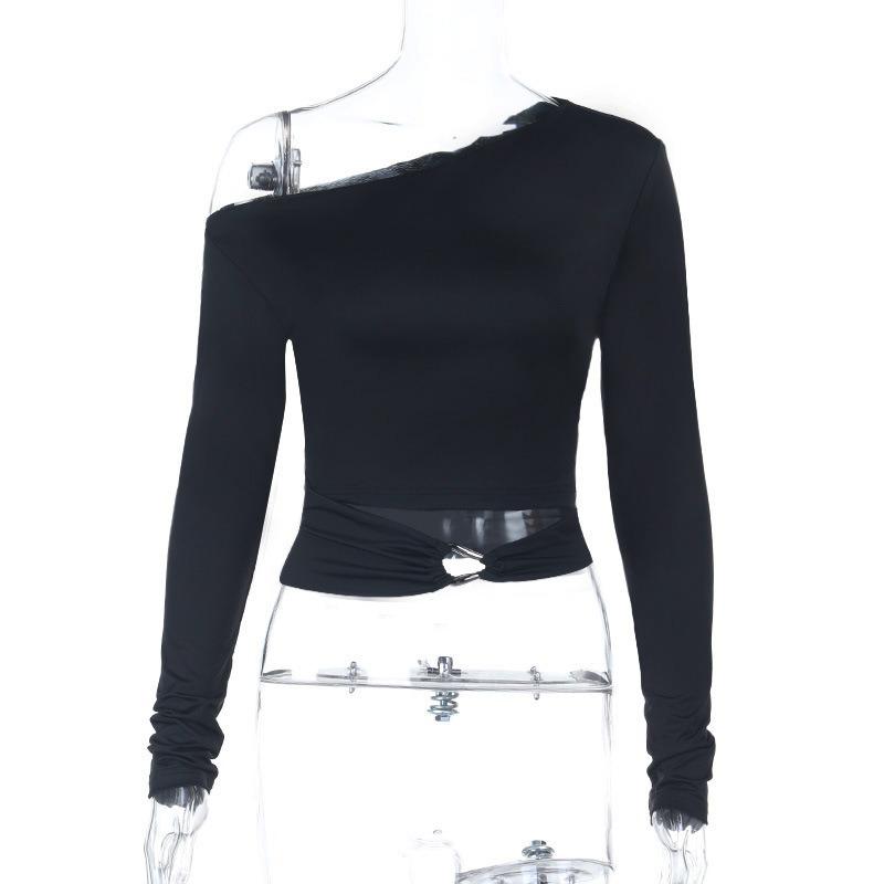 Solid Color One Shoulder Cropped Long Sleeve Hollow Out Metal Button Sexy Casual Women T Shirt