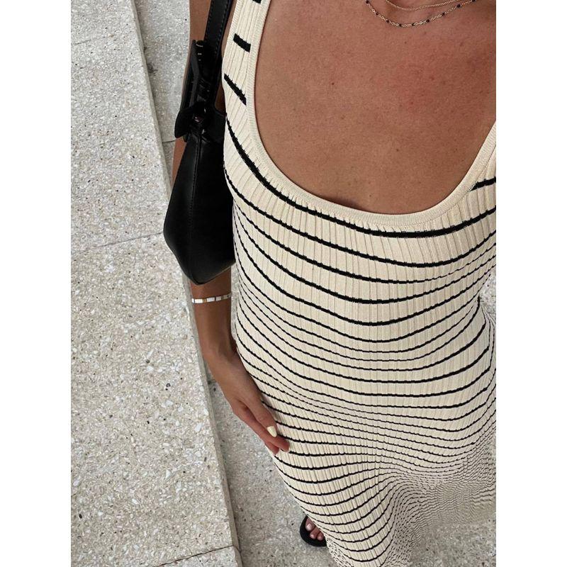 Stripe Vest Contrast Color European and American Style Beach Vacation Sexy Long dress Knitted Sunken Stripe Long Dress Summer Women