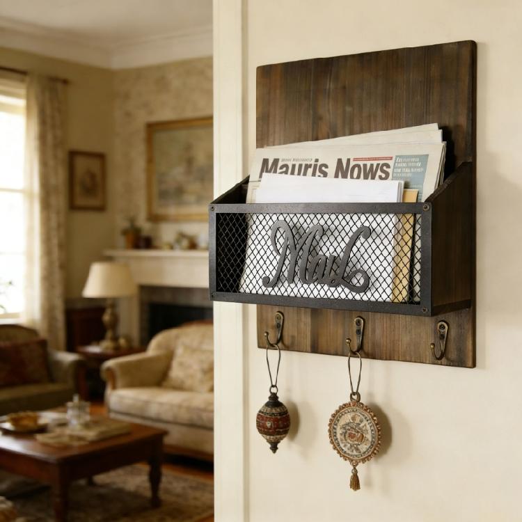 Porta Posta e Chiavi con Pannello Frontale in Rete Metallica e Design con Cornice in Legno Rustico Organizer per l'Ingresso