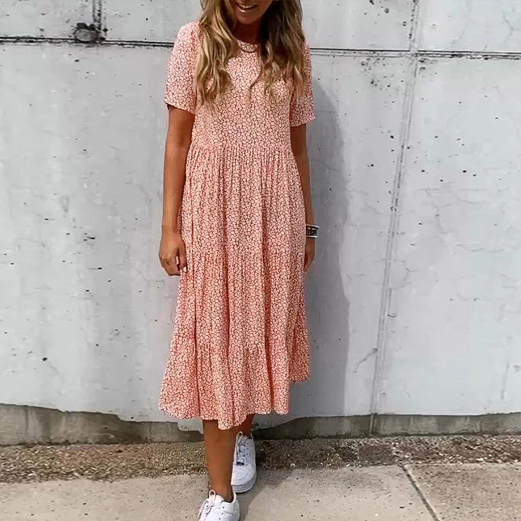 Modisches, lockeres und schönes Kleid mit Rundhalsausschnitt und Blumenmuster für Damen