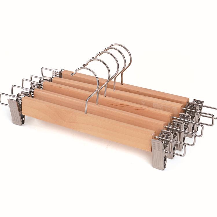 Solid Wood Stainless Steel Clip Trouser Rack - Natural Wood Finish for Adult Clothing Hangers