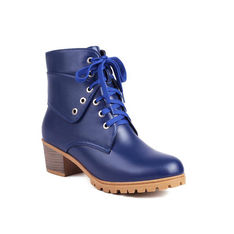 FOREADA Women Ankle Short Boots Round Toe Thick Mid Heels Lace-up Combat Boots Ladies Fashion Shoes Winter Black Blue Camel 43
