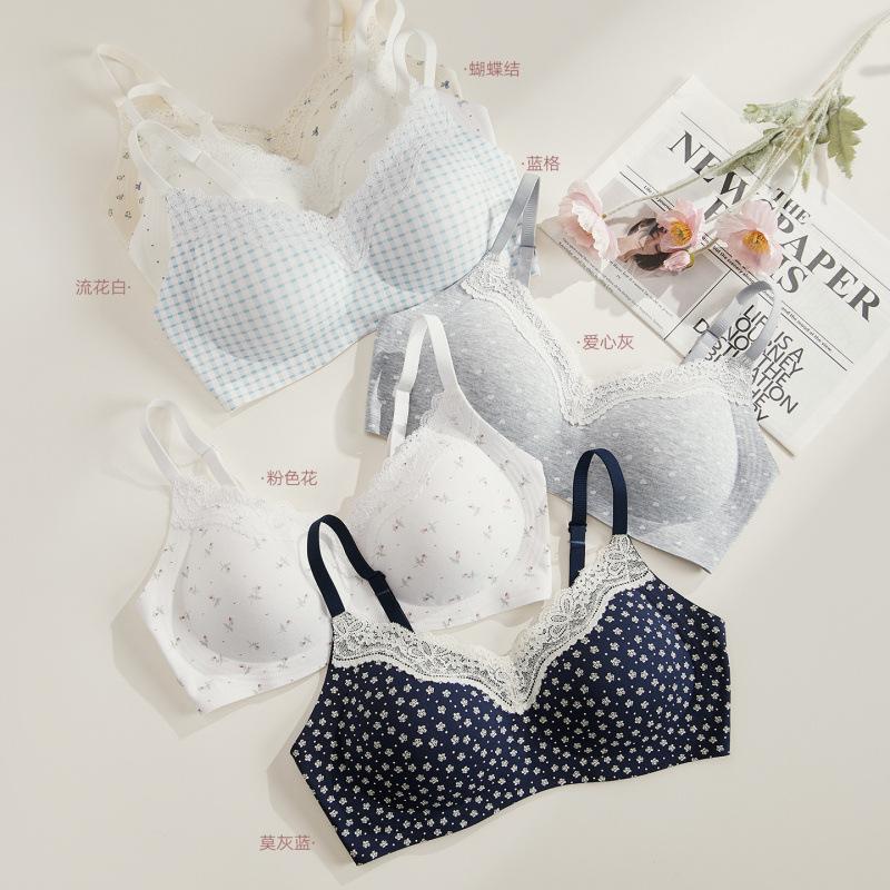 Sweet and Pure Girl Print Lace Edge Pure Cotton Underwear Women's No Steel Ring Anti-sagging Small Chest Gathering Thin Bra