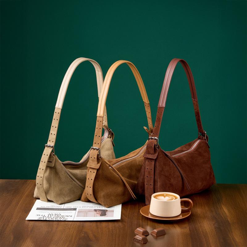 Wide Shoulder Strap Versatile Leather Cowhide Crossbody Bag, Frosted Suede, Fashionable Commuting, High-end Feeling, Light Luxury Shoulder Bag