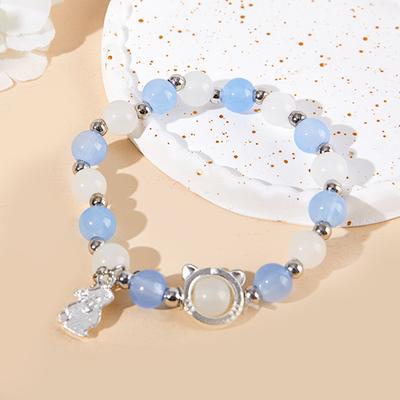 Rabbit Pendant Opal Beaded Bracelet Ins Aqua Blue Moonstone  Hand String Chain For Girlfriend Couple'S Gifts Jewelry