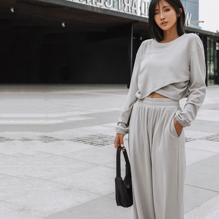 Women Autumn Winter Loose Hoodies Suit Long Sleeve O Neck Top with Wide Leg Pants Solid Color