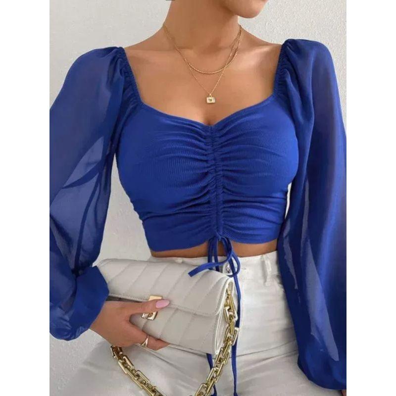 V-neck Drawstring Lantern Sleeve Top Low Cut V-neck Drawstring Bishop Sleeves Top