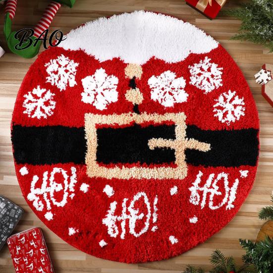 Holiday Party Floor Covering Round Christmas Rug, 39" Imitation Cashmere Santa Snowflake Pattern, Pattern Rug Area for Home Living Room Bedroom Decor