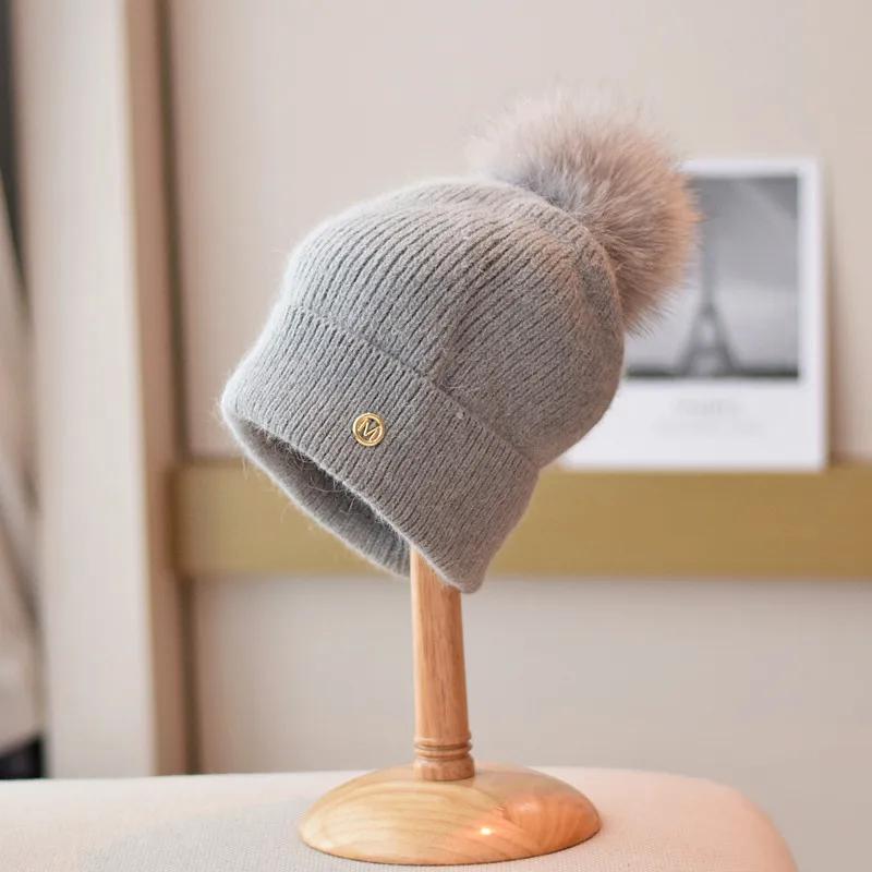 Winter Fox Fur Pompom Hats Angola Beanie For Women Studded Beaded Knitted Hats Outdoor Thick Warm Hat Casual Fashion Cap