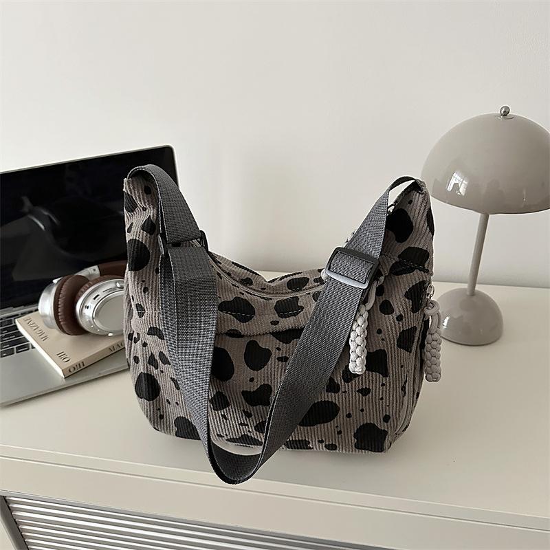Fashi Cow Print Corduroy Shoulder Bags for Women Large Capacity Multi-Pocket Ladies Messenger Bag Simple Casual Handbags Tote