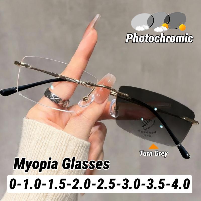 Modische randlose photochrome Myopiebrille Blaulichtblockierend Outdoor Verdunkelnde Gläser UV-Schutz Minus Dioptrien Brille