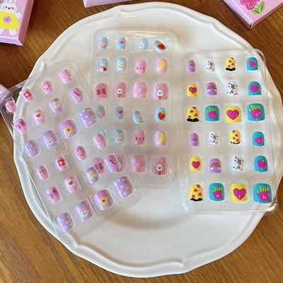 24Pcs Crianças Unhas Postiças Kawaii Crianças Unhas Postiças Arte Adesivos Conjunto Criativo DIY Kit de Unhas para Decoração de Unhas