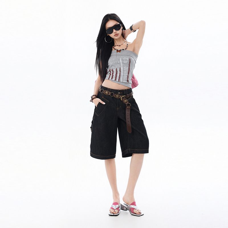 Trendy Summer Niche High Street Designer Slimming Loose Wide Leg Cropped Capri Denim Pants For Women Versatile Loose Straight Streetwear