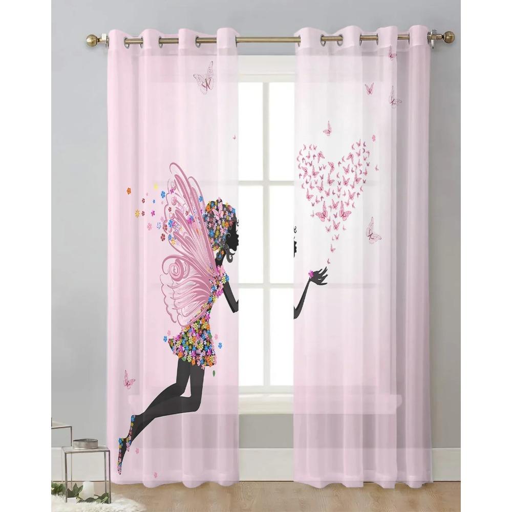 Pink Girl Flower Butterfly Tulle Window Curtains Living Room Organza Yarn Sheer Voile Curtain Bedroom Kitchen Home Decor Drape